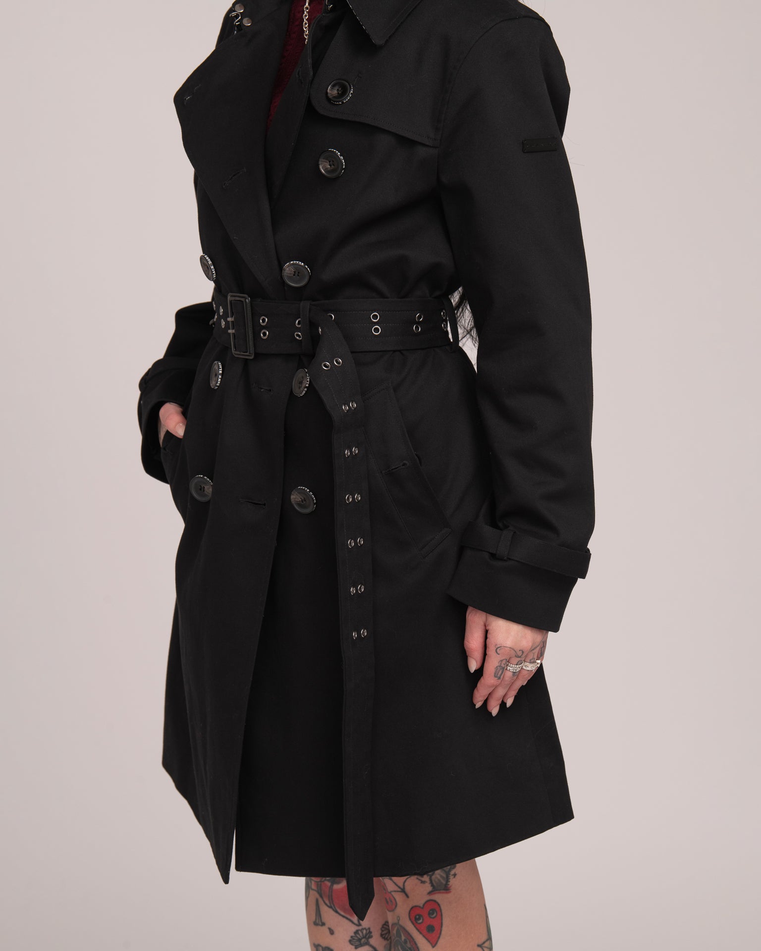 Eyelet Trench Coat - Black