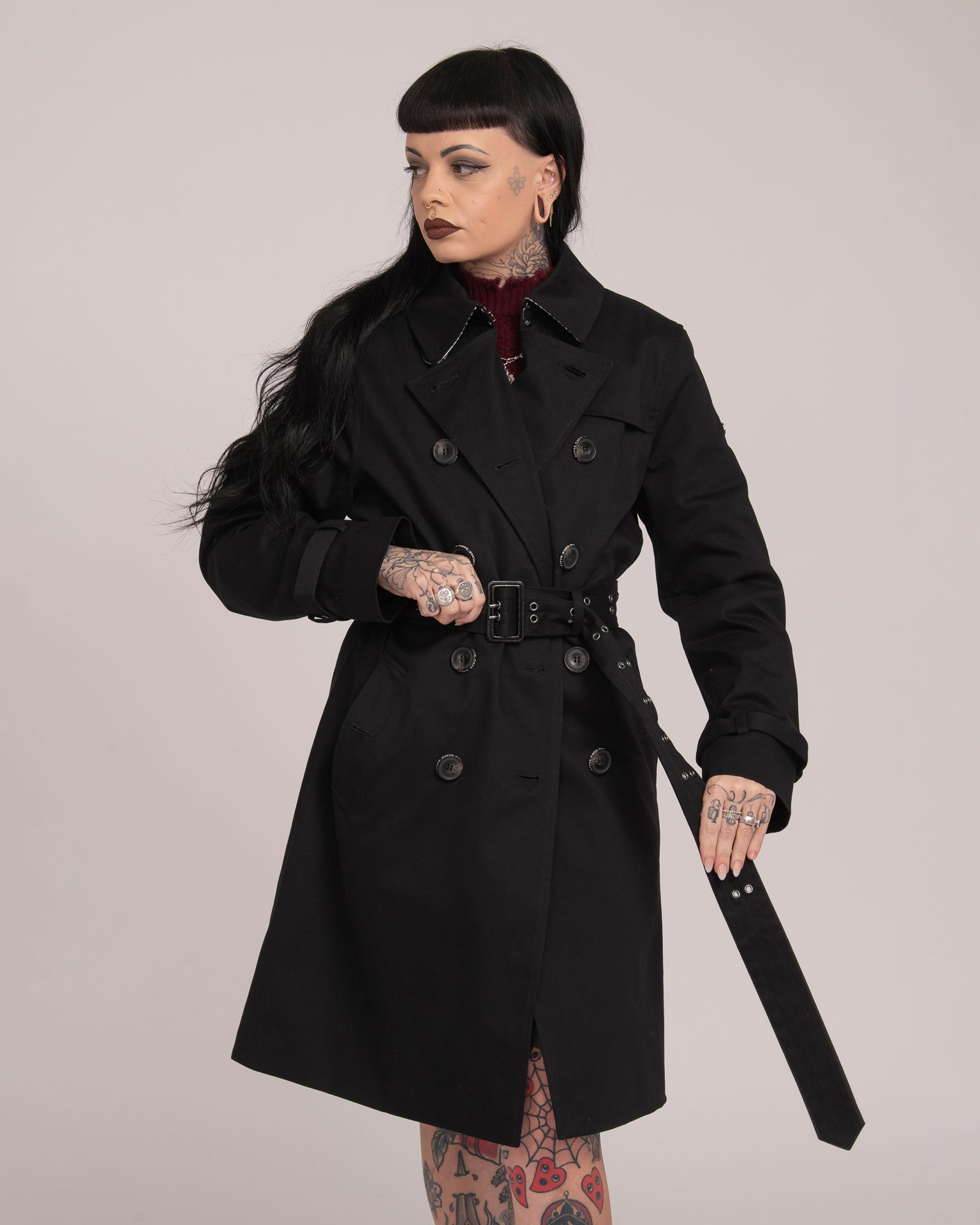 Eyelet Trench Coat - Black