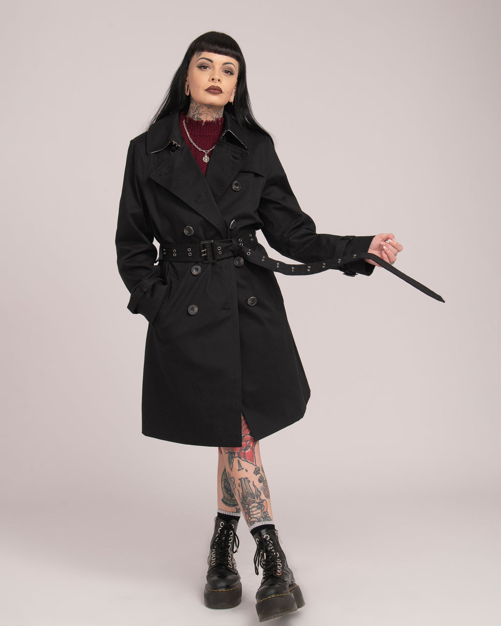 Eyelet Trench Coat - Black