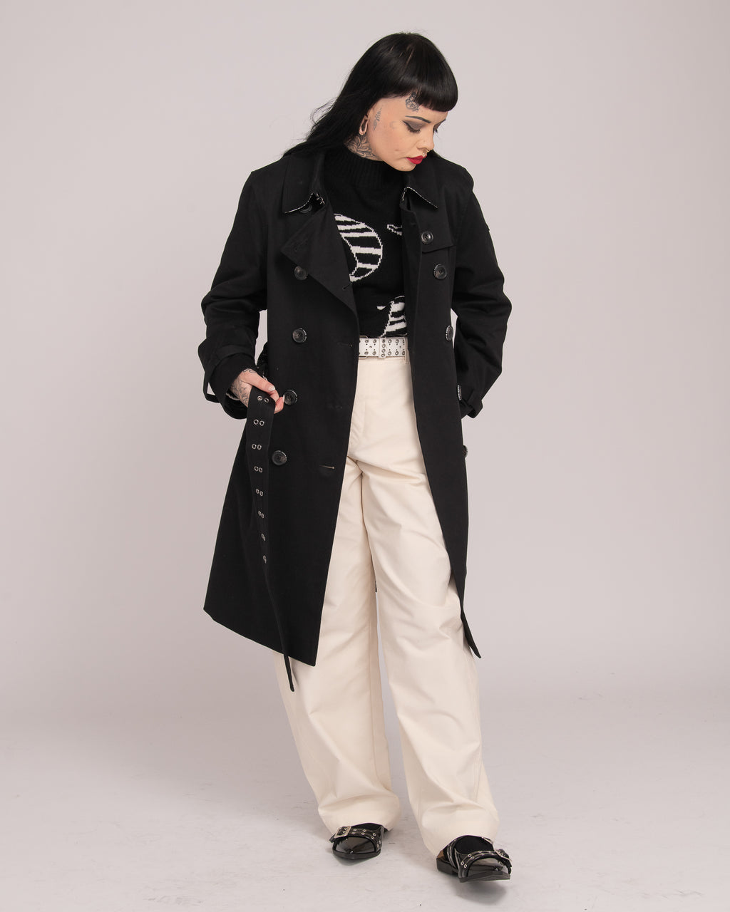 Eyelet Trench Coat - Black