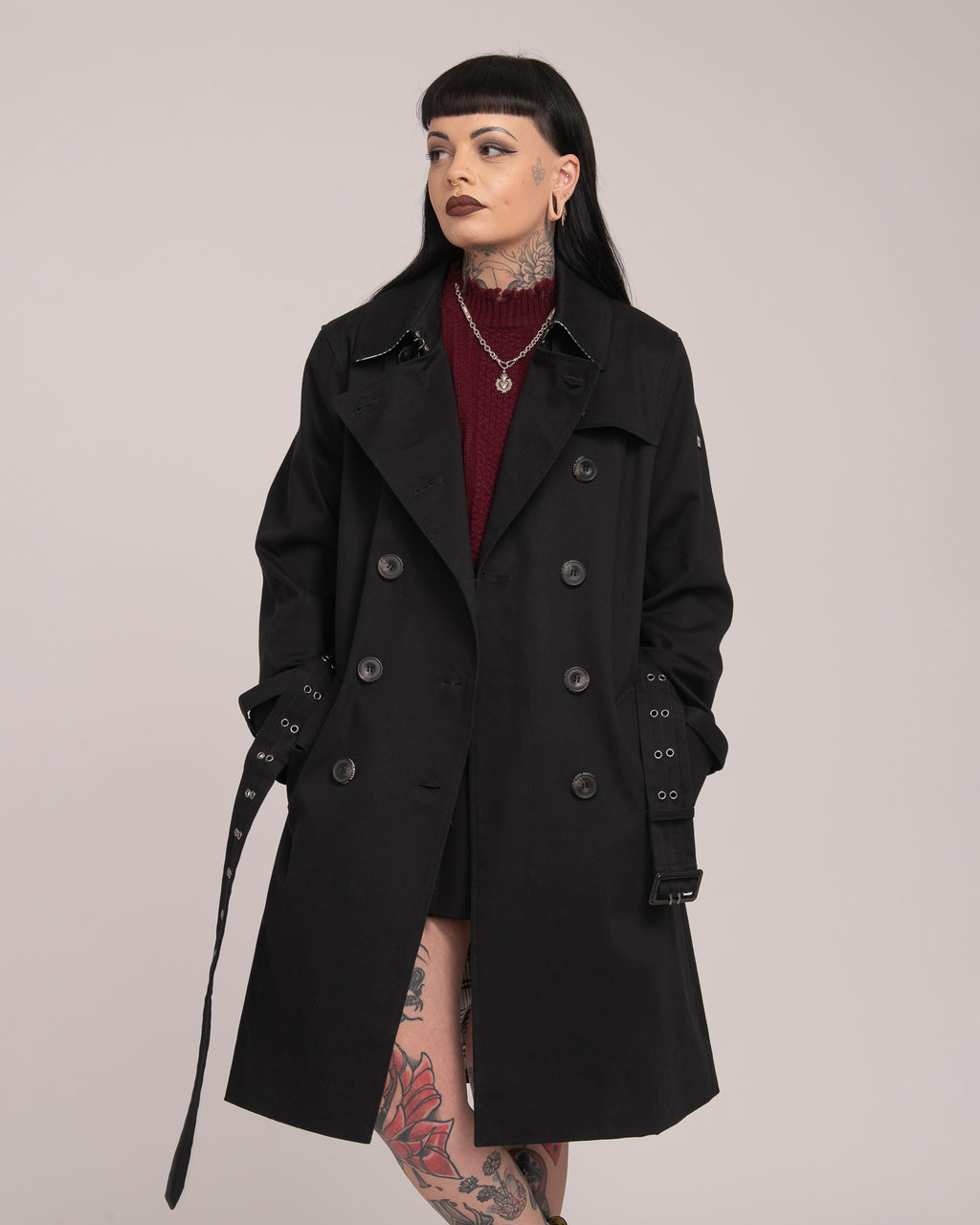 Eyelet Trench Coat - Black