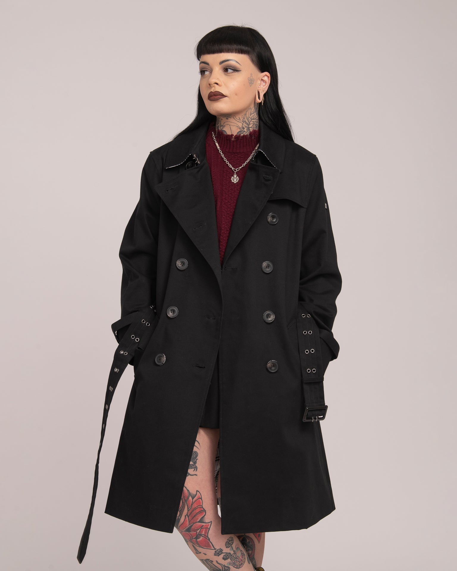 Eyelet Trench Coat - Black