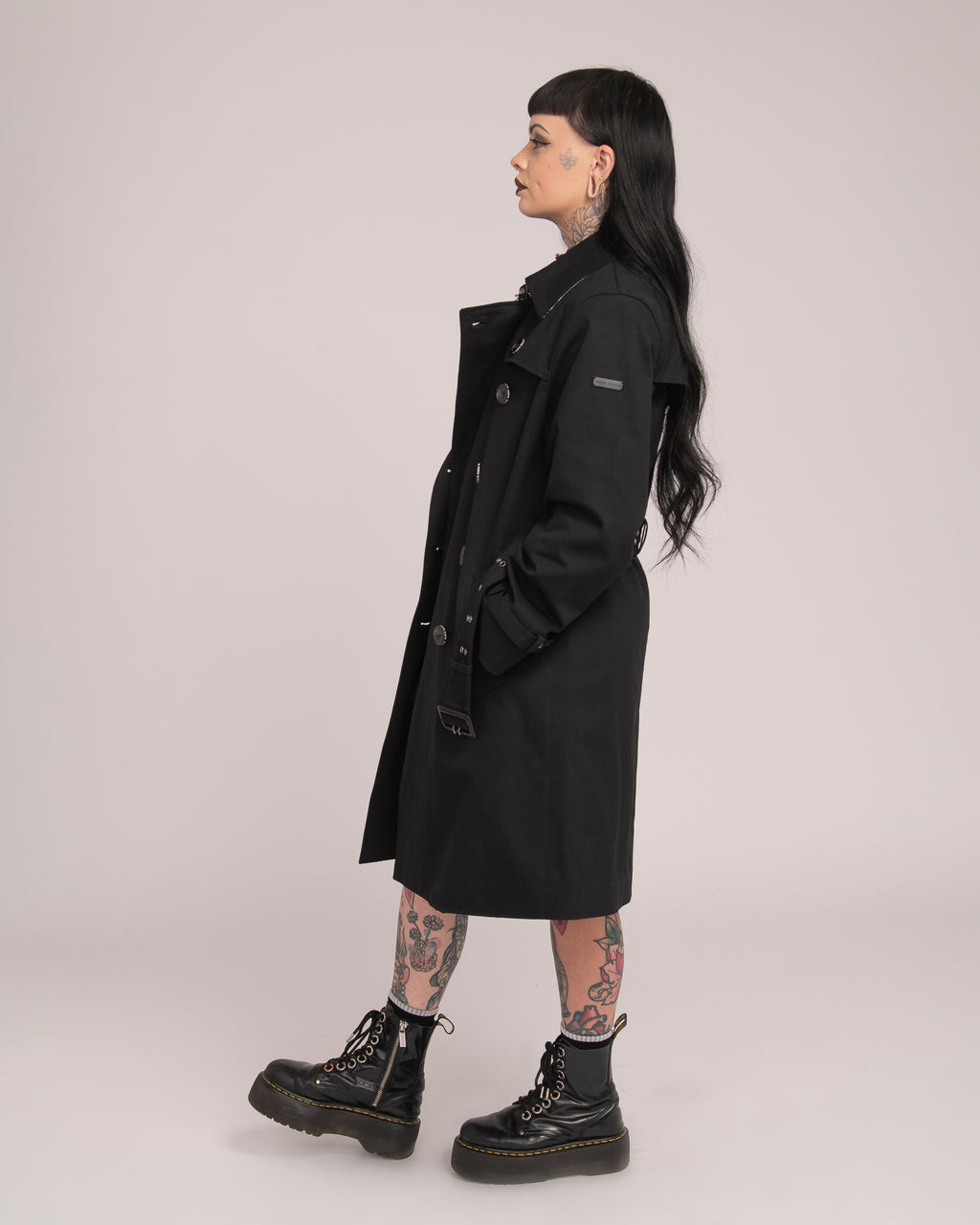 Eyelet Trench Coat - Black