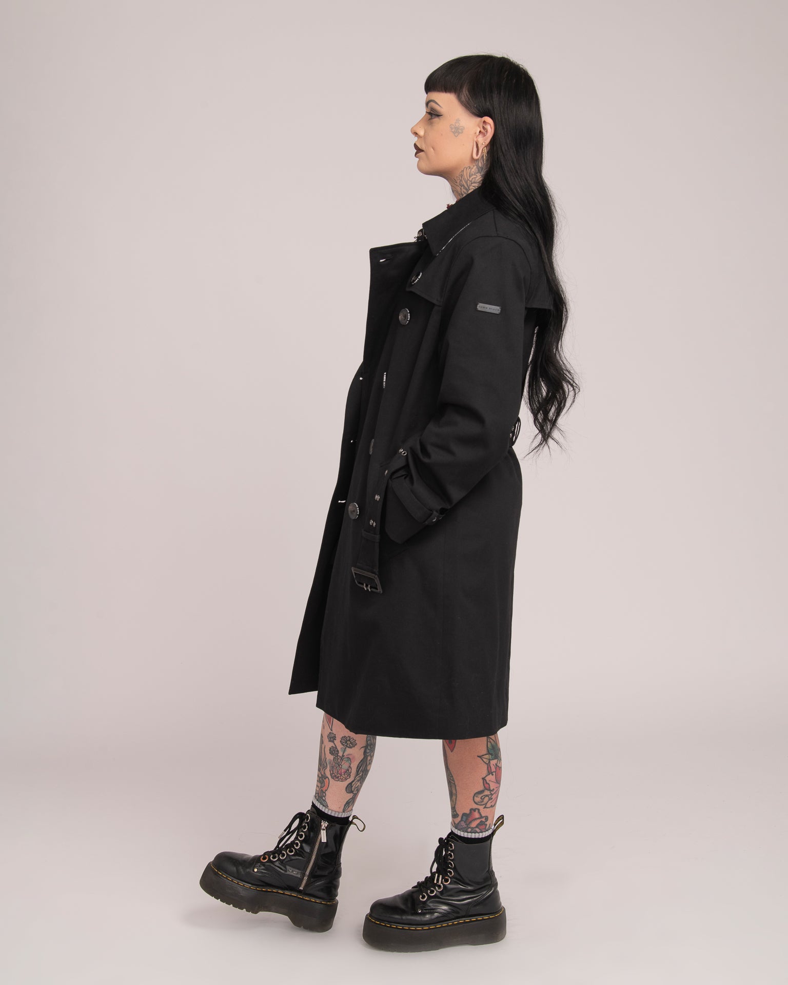 Eyelet Trench Coat - Black