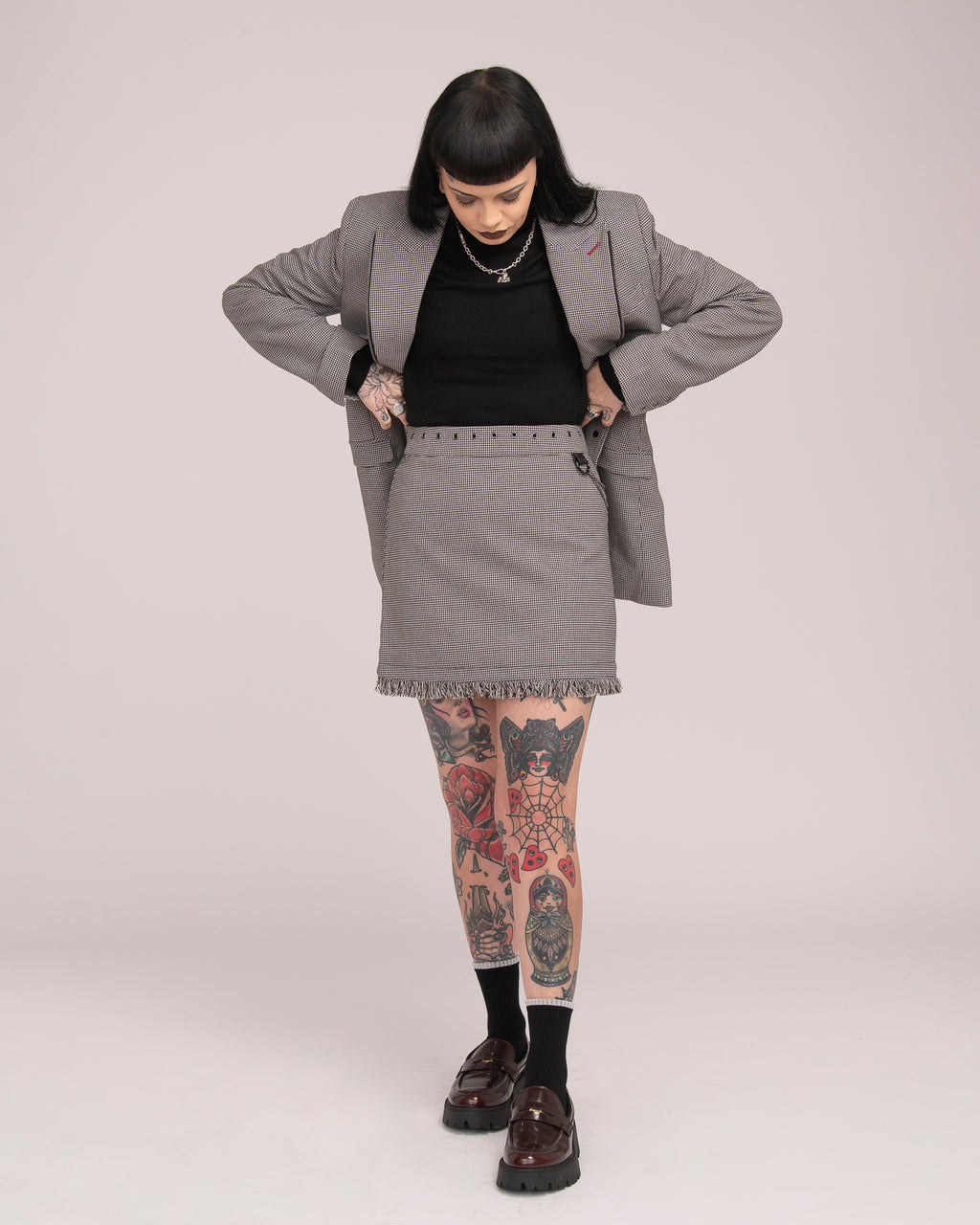 Eyelet Tailored Mini Skirt - Houndstooth