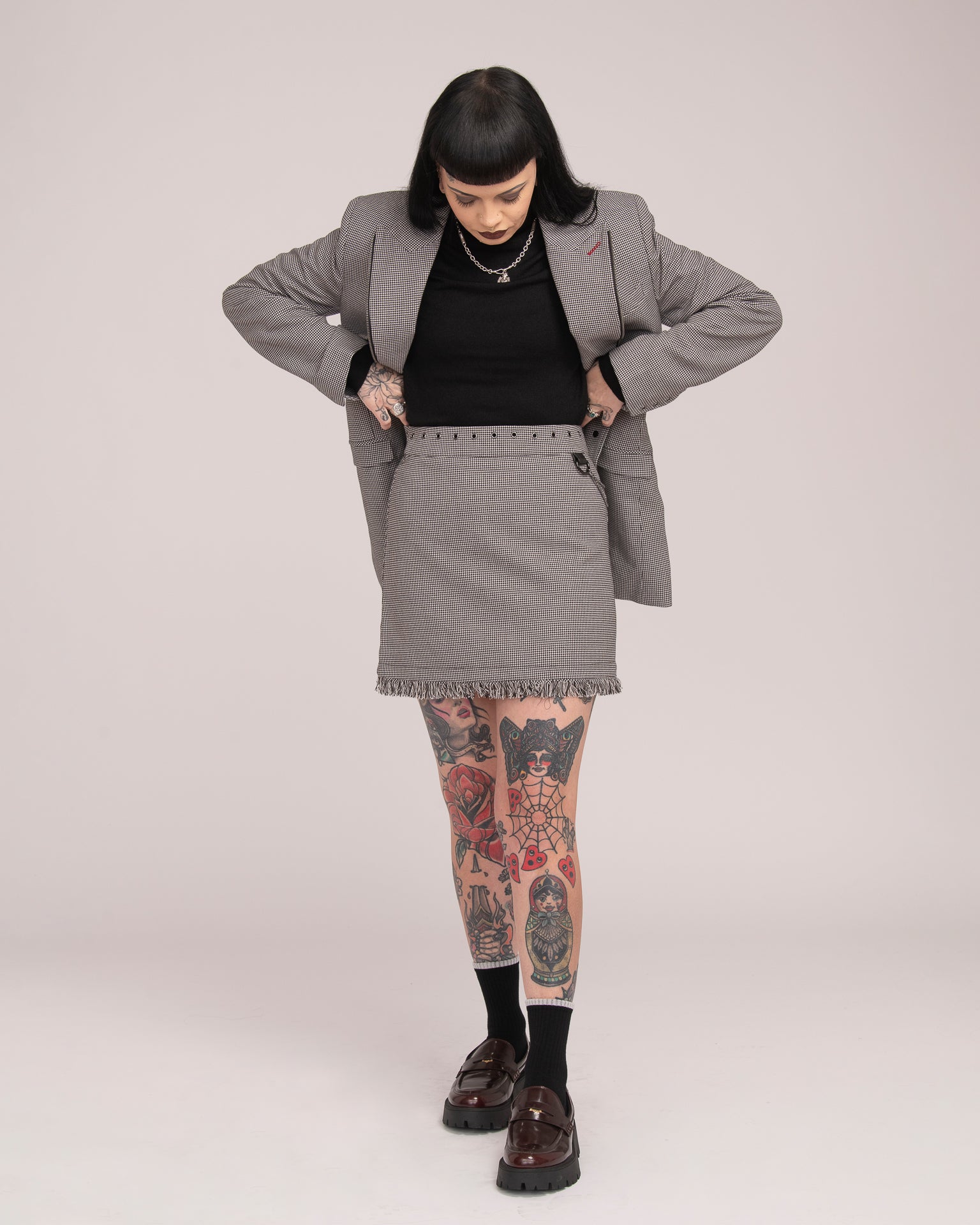 Eyelet Tailored Mini Skirt - Houndstooth