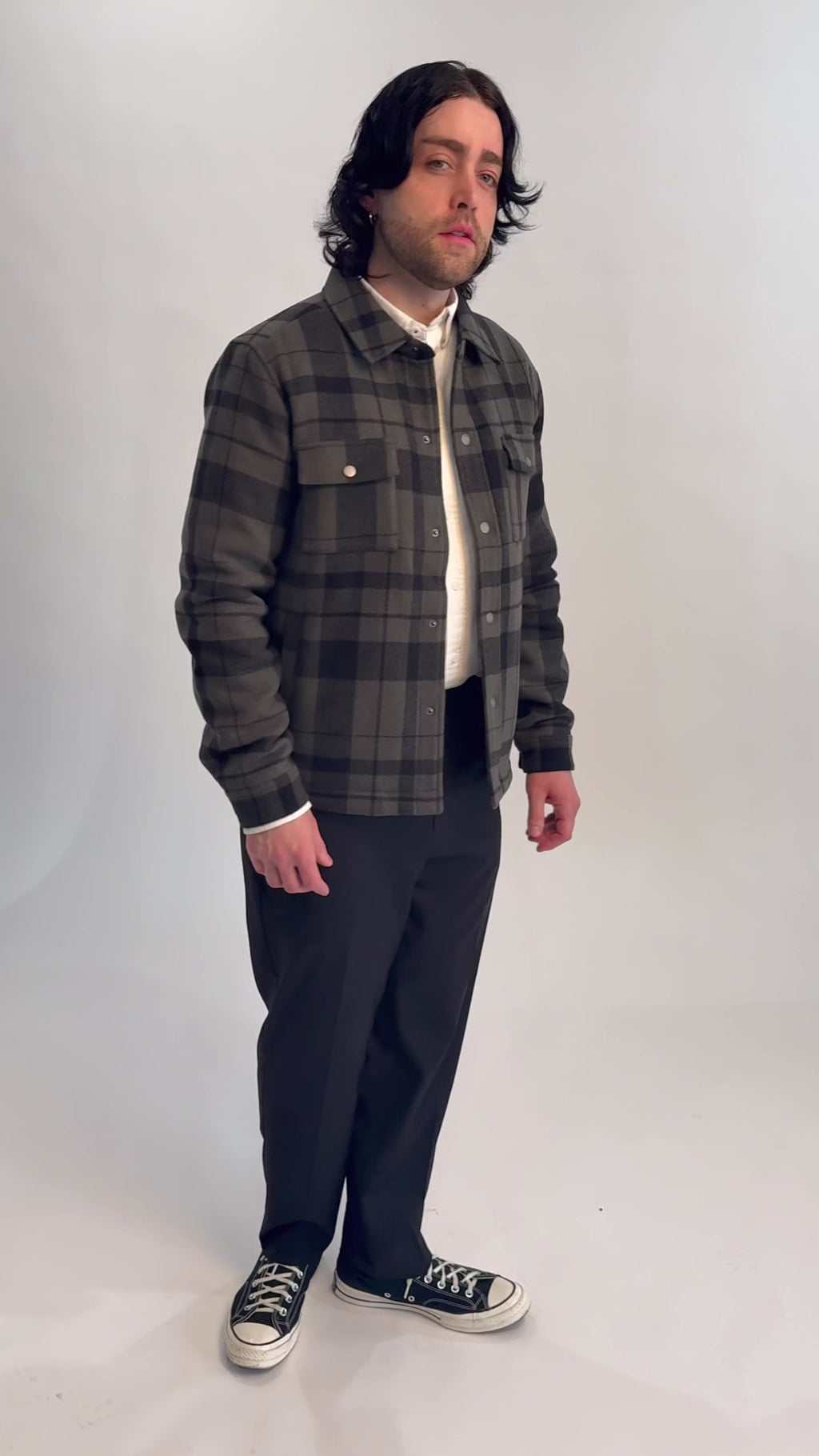 Unisex Wool Blend Check Shacket - Forest