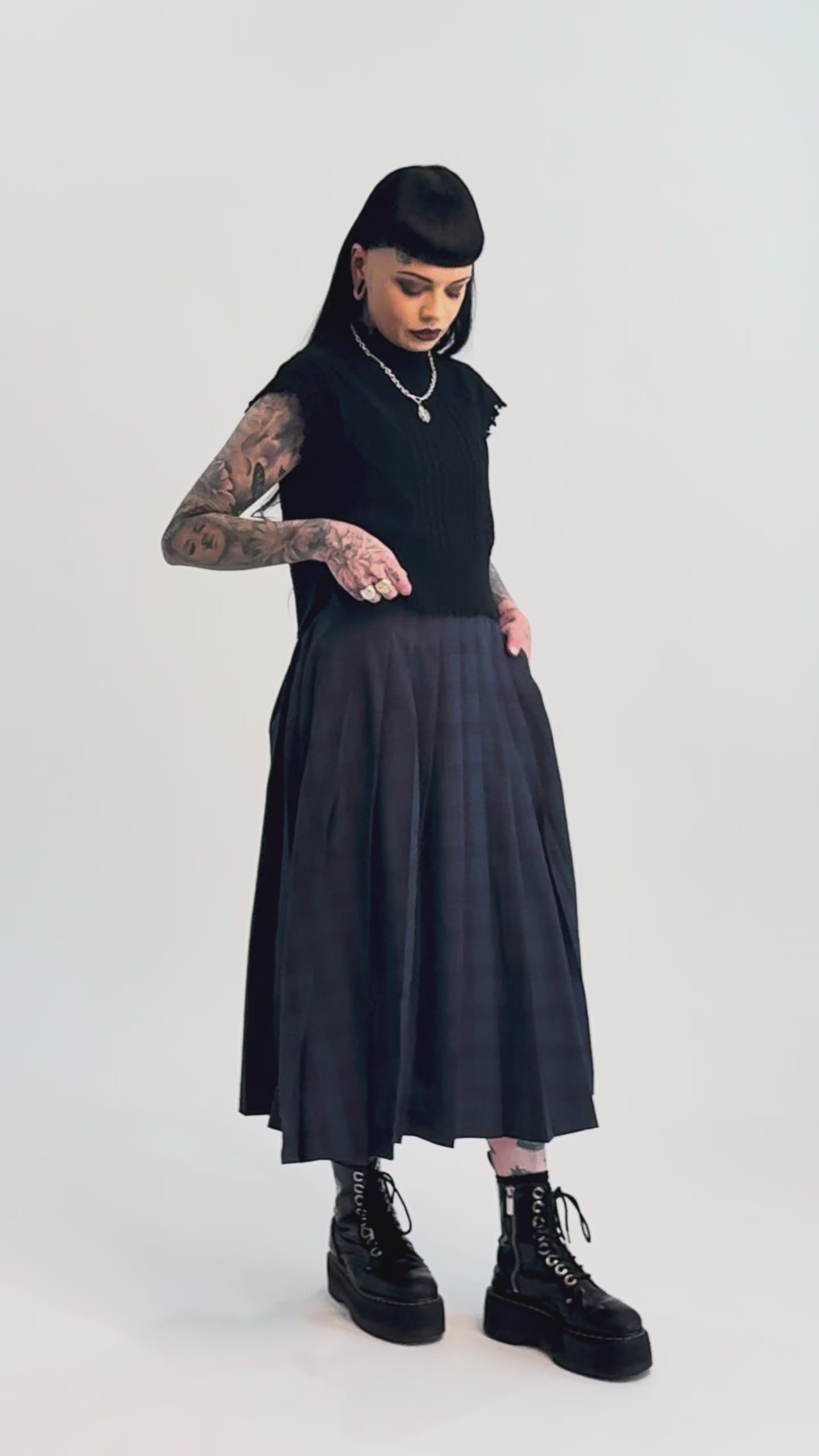 Wool Tartan Long Pleated Skirt - Forest