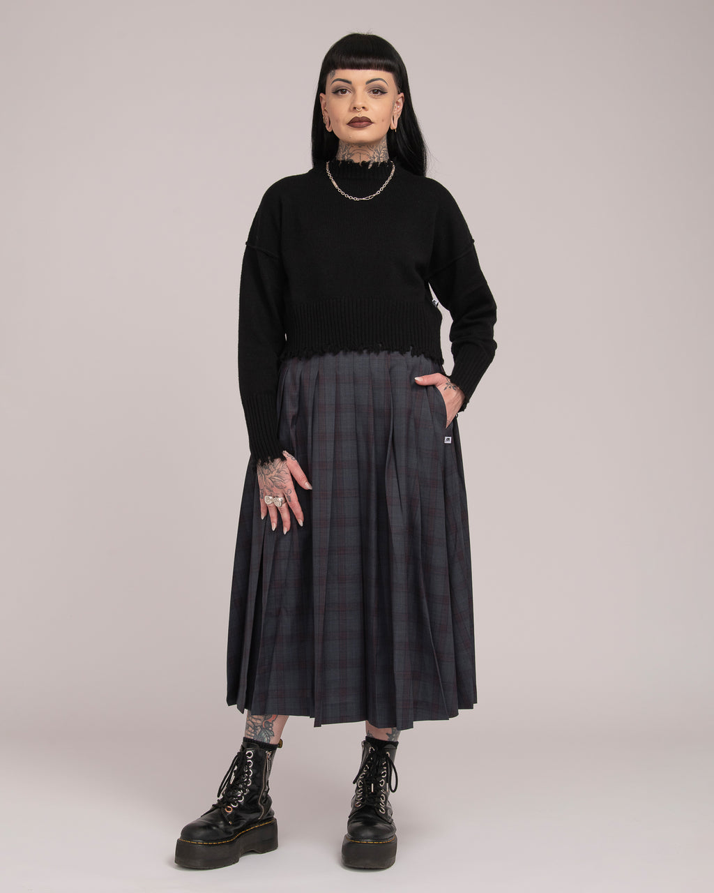 Wool Tartan Long Pleated Skirt - Forest