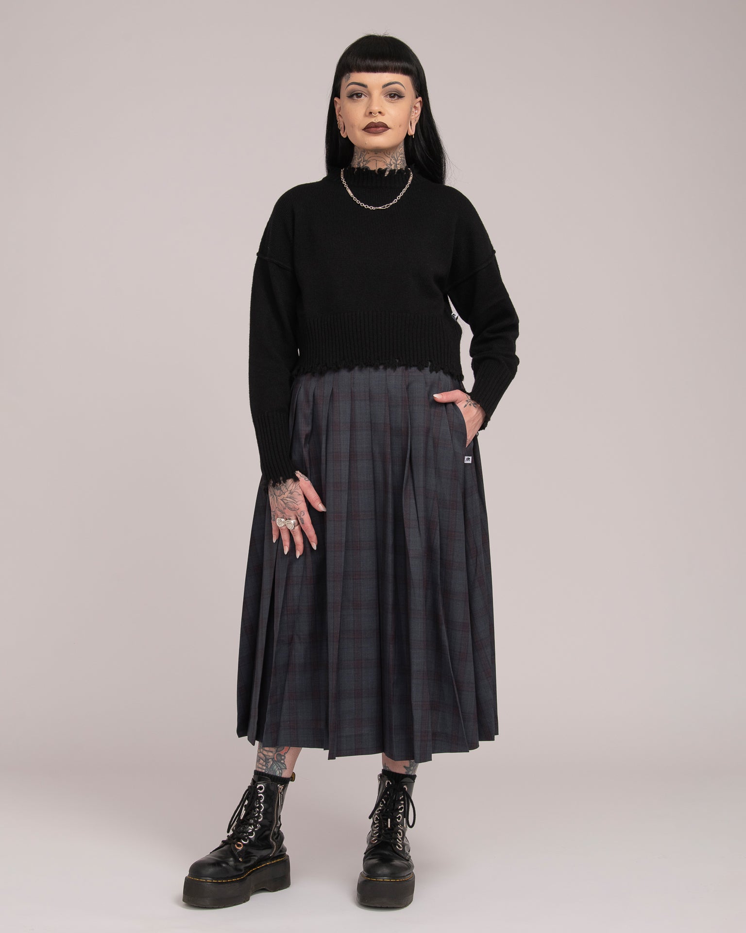 Wool Tartan Long Pleated Skirt - Forest