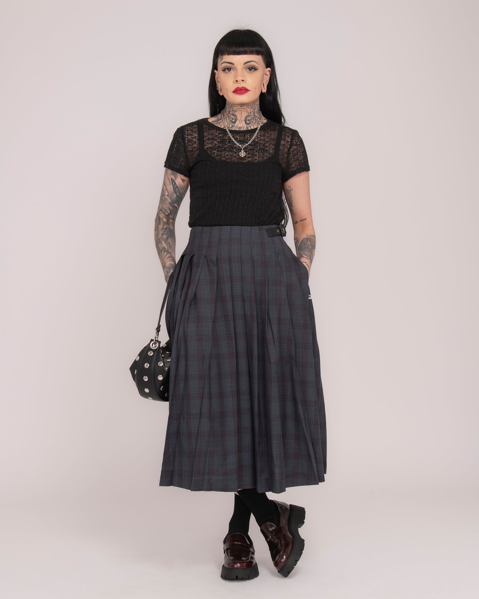 Wool Tartan Long Pleated Skirt - Forest
