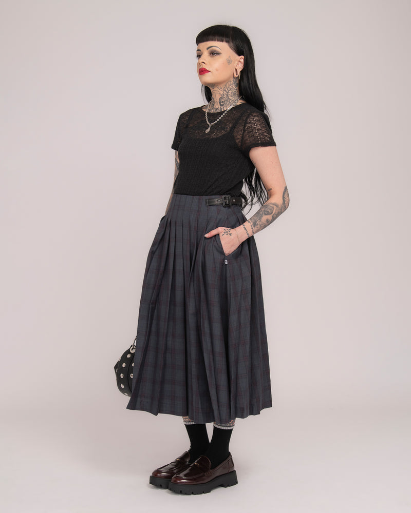 Wool Tartan Long Pleated Skirt - Forest