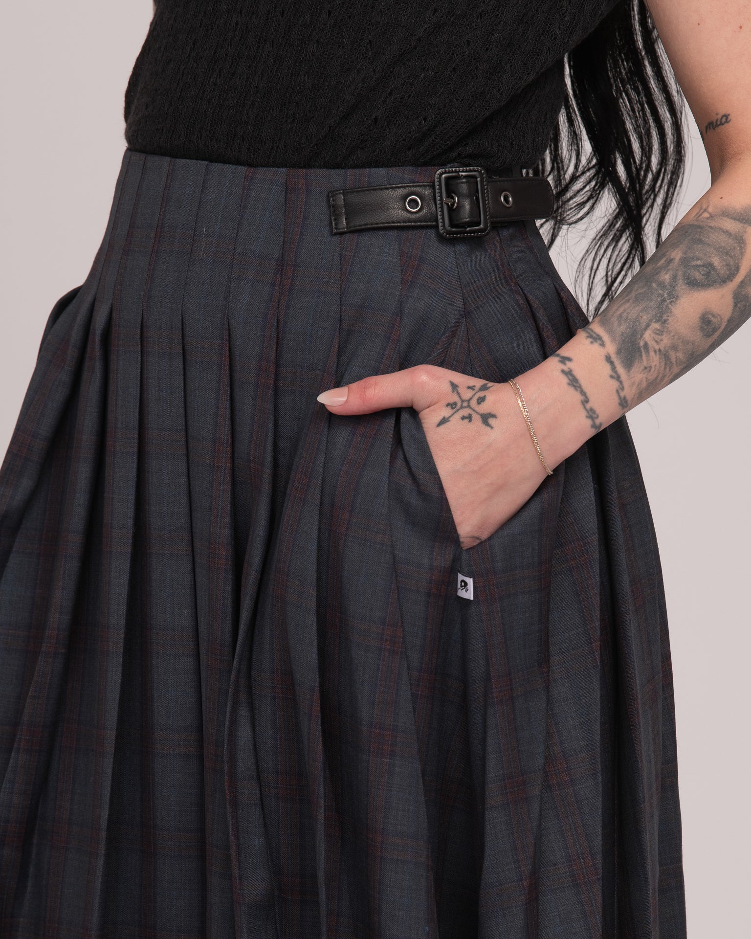 Wool Tartan Long Pleated Skirt - Forest