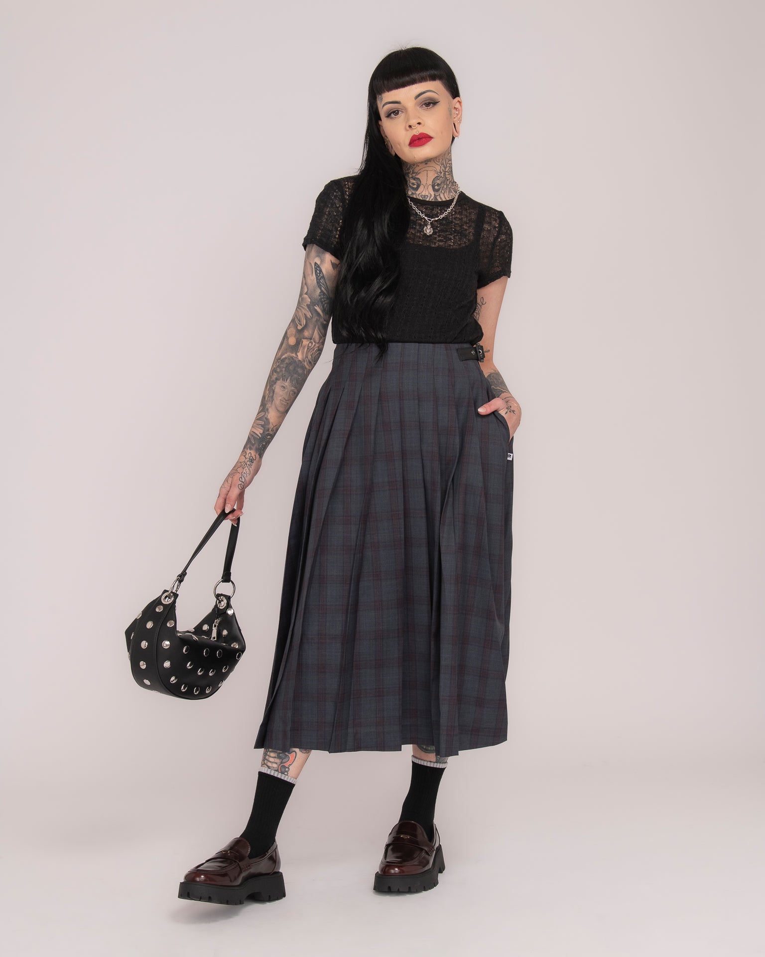 Wool Tartan Long Pleated Skirt - Forest