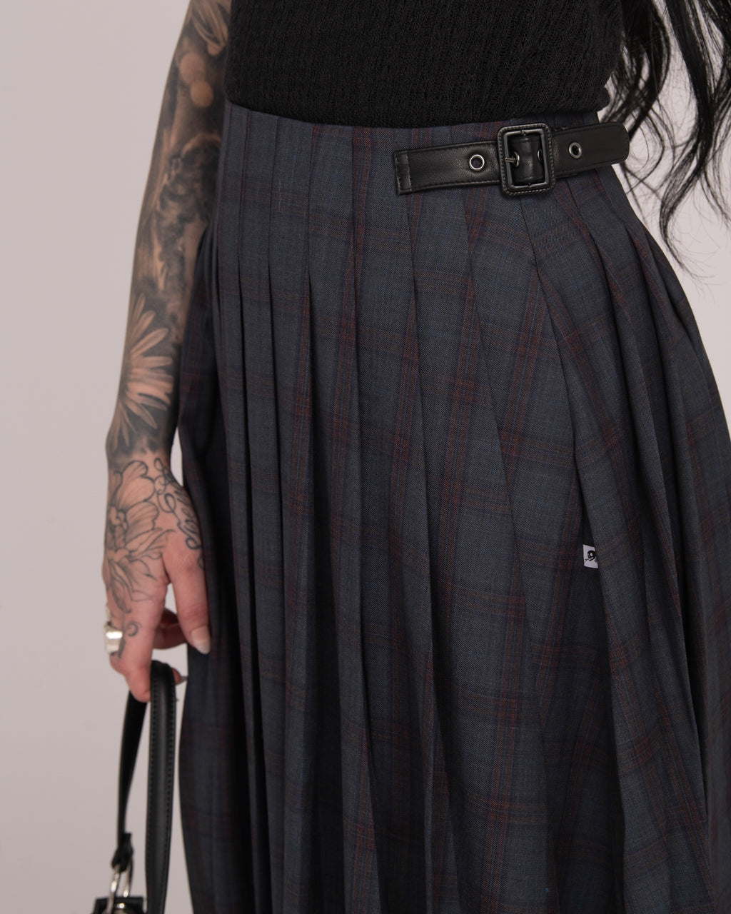 Wool Tartan Long Pleated Skirt - Forest