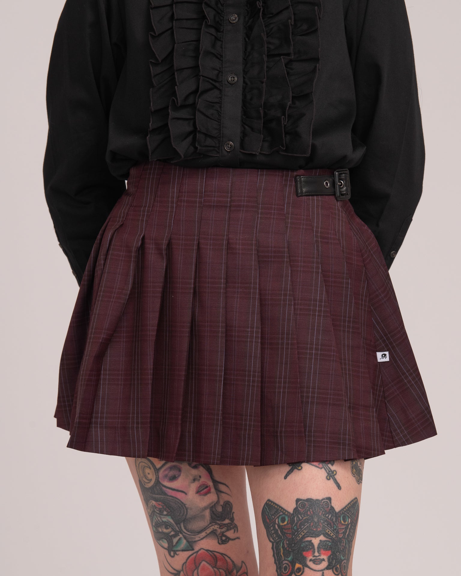 Wool Tartan Pleated Mini Skirt - Wine
