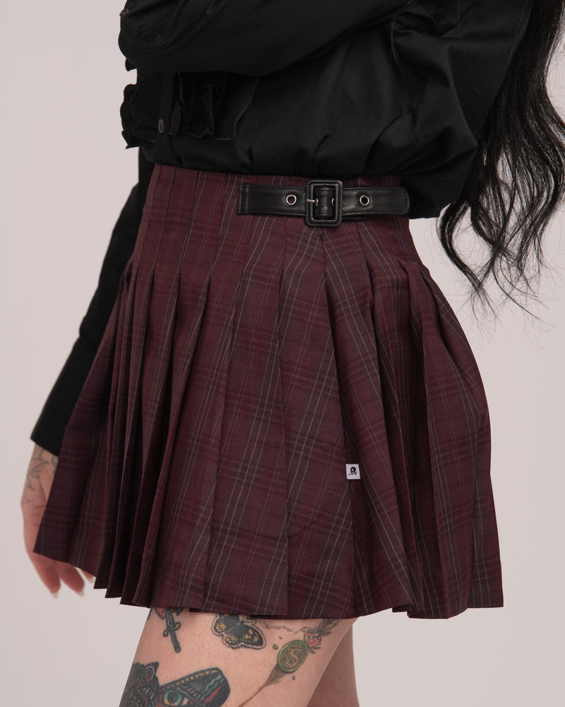 Wool Tartan Pleated Skirt - Wine