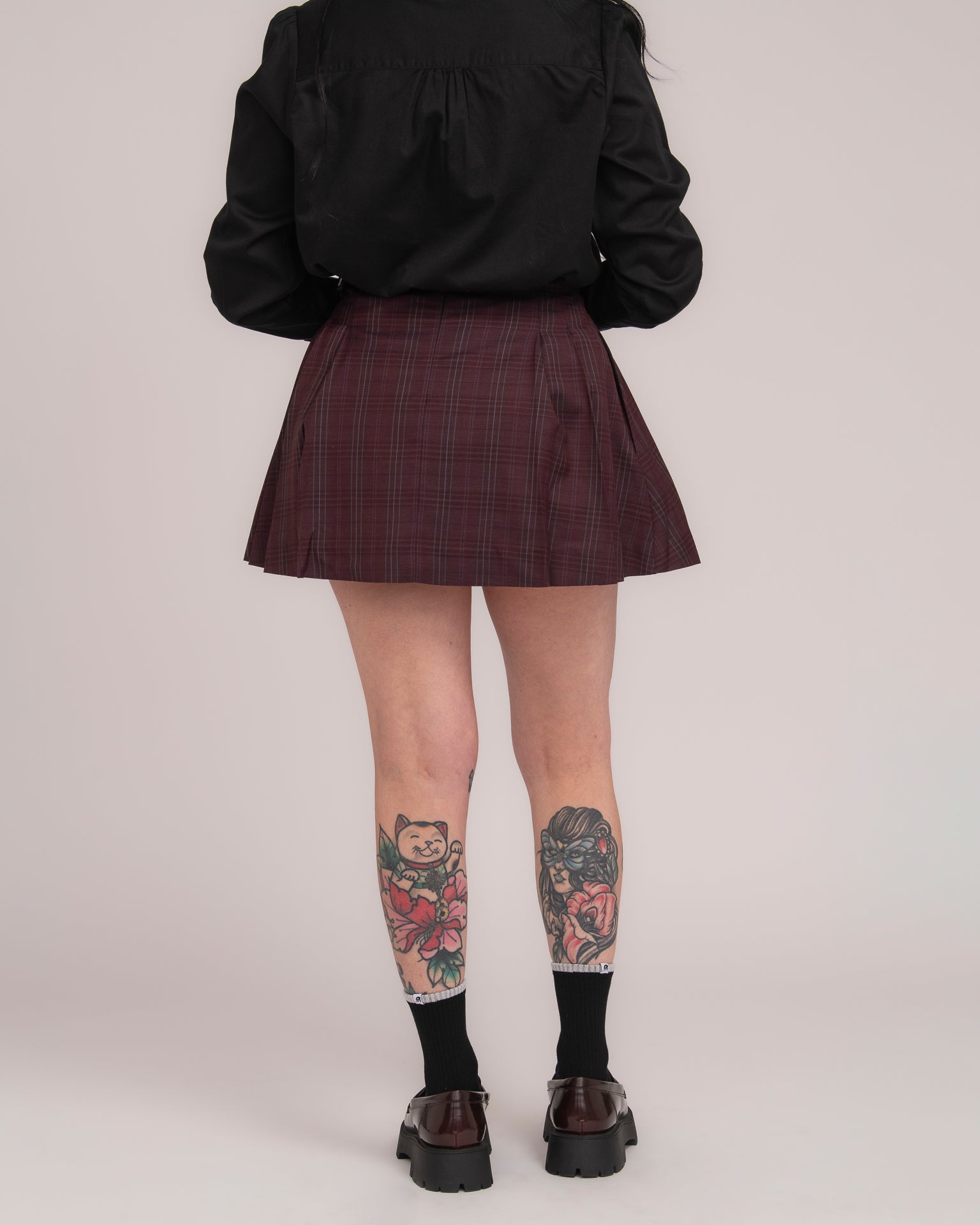 Wool Tartan Pleated Mini Skirt - Wine