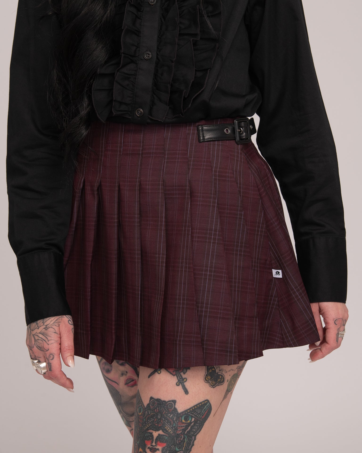 Wool Tartan Pleated Mini Skirt - Wine