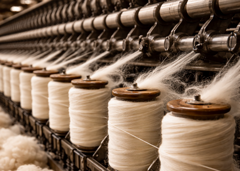 Spinning machine with yarn spools in a textile factory